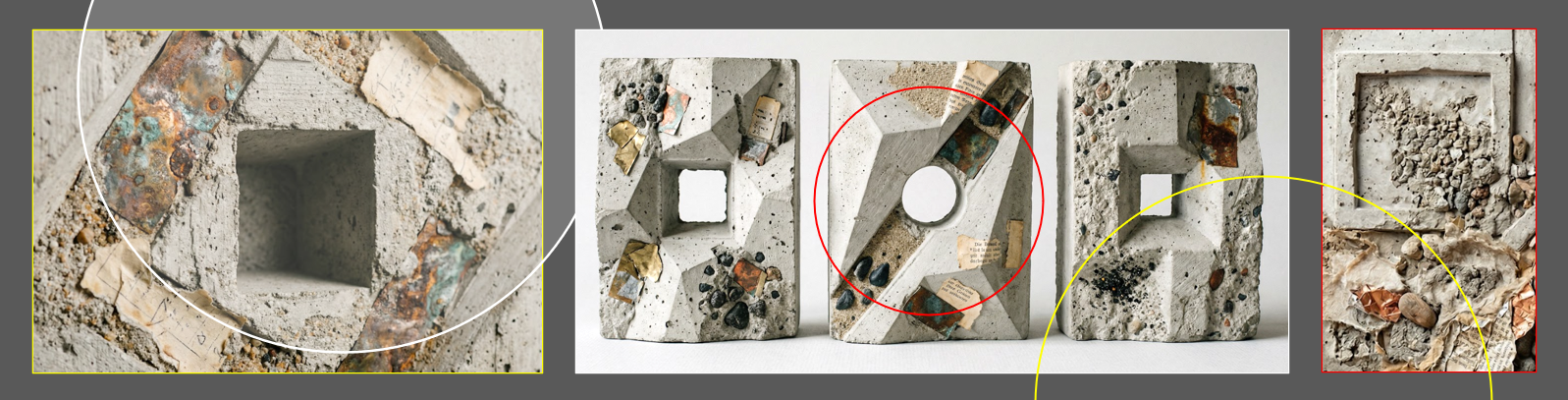 A képeket AI-jal generáltuk. metaFIZIKA BETONBÓL - WORKSHOP