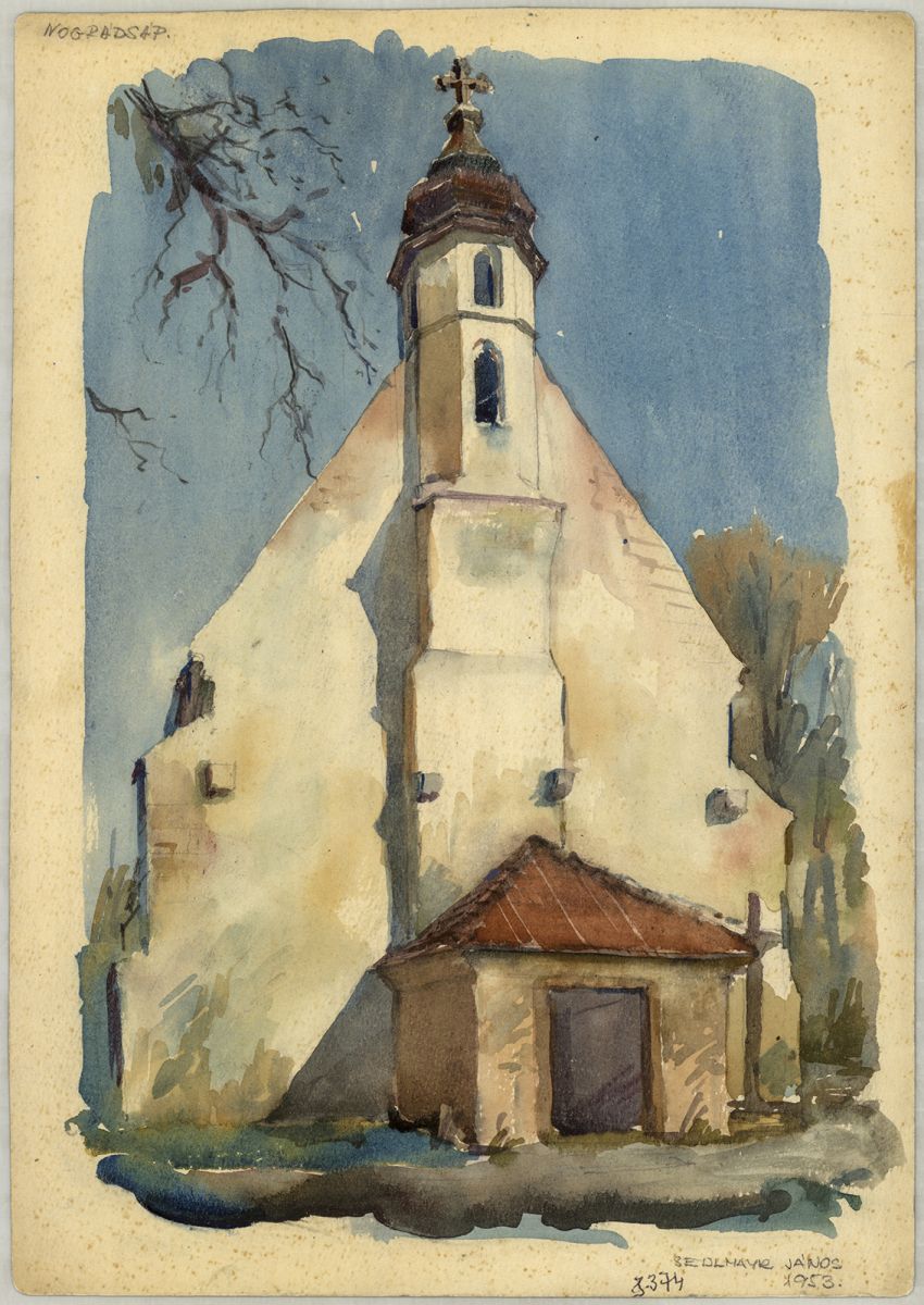 Sedlmayr János: Nógrádsáp, r. k. templom, nyugati homlokzat, 1953.  Tervtár, ltsz. R 8374