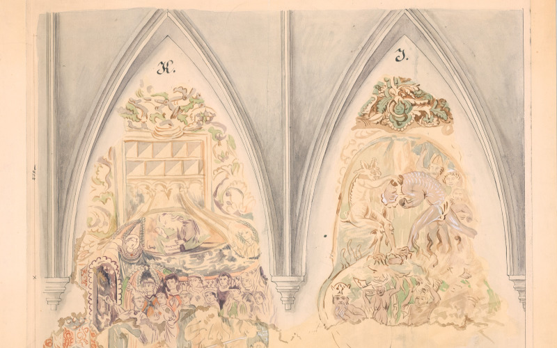 Huszka József: Homoródszentmárton, unitárius templom. A szentély déli fala. Papír, akvarell, 1884. MÉM MDK, Tervtár, ltsz. FM 274