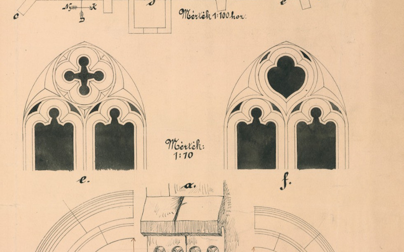 Huszka József: Homoródszentmárton, unitárius templom. A templom alaprajza, a szentély ablakai, nyugati és déli kapu, támpillérek. Papír, tus, 1884. MÉM MDK, Tervtár, ltsz. K 1707