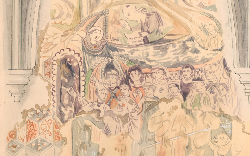 Huszka József: Homoródszentmárton, unitárius templom. Üdvözültek serege; azonosítatlan szent és Szent Mihály. Papír, akvarell, 1884. MÉM MDK, Tervtár, ltsz. FM 274