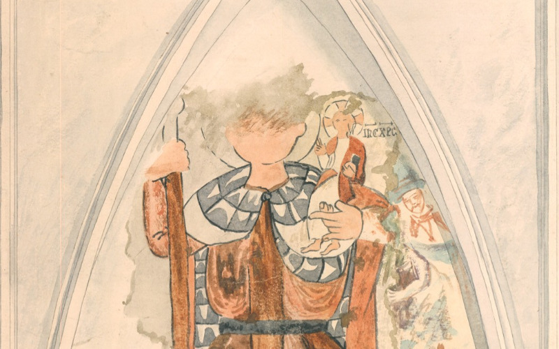 Huszka József: Homoródszentmárton, unitárius templom. Szent Kristóf. Papír, akvarell, 1884. MÉM MDK, Tervtár, ltsz. FM 273