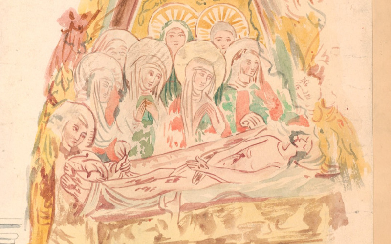 Huszka József: Homoródszentmárton, unitárius templom. Sírbatétel. Papír, akvarell, 1884. MÉM MDK, Tervtár, ltsz. FM 273