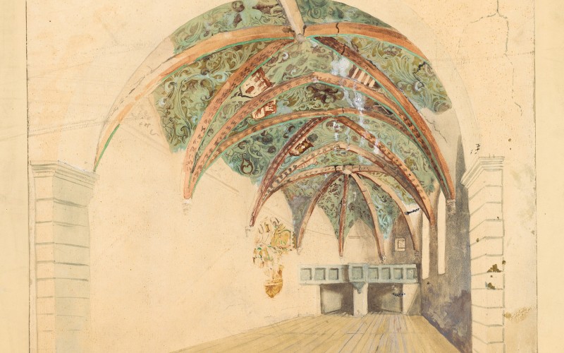 Huszka József: A székelydályai református templom szentélye. Papír, akvarell, 1903. MÉM MDK, Tervtár, ltsz. FM 107