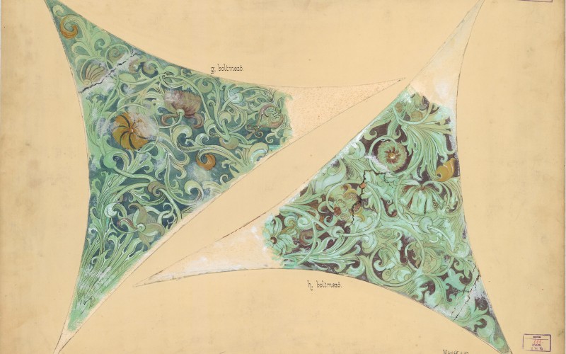  Huszka József: Székelydálya, református templom, a szentélyboltozat g és h boltmezője. Papír, akvarell, 1903. MÉM MDK, Tervtár, ltsz. FM 111