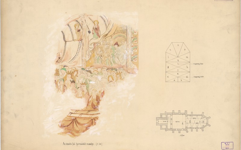 Huszka József: Székelydálya, református templom. Jelenet a szentély északi falán, a szentélyboltozat beosztása és a templom alaprajza. Papír, akvarell, tus, 1903. MÉM MDK, Tervtár, ltsz. FM 108