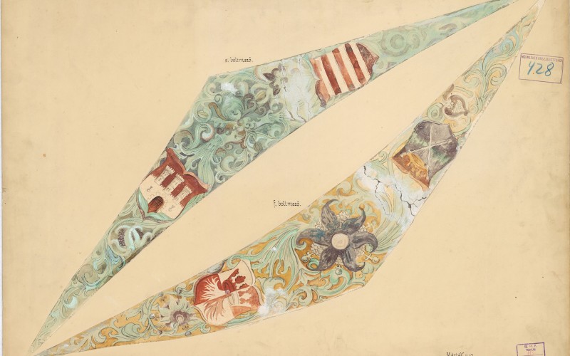 Huszka József: Székelydálya, református templom, a szentélyboltozat e és f boltmezője. Papír, akvarell, 1903. MÉM MDK, Tervtár, ltsz. FM 113