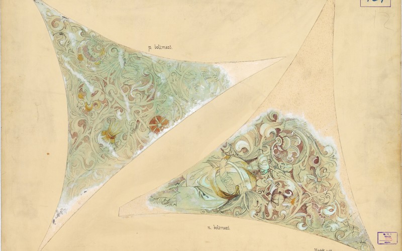 Huszka József: Székelydálya, református templom, a szentélyboltozat p és n boltmezője. Papír, akvarell, 1903. MÉM MDK, Tervtár, ltsz. FM 109