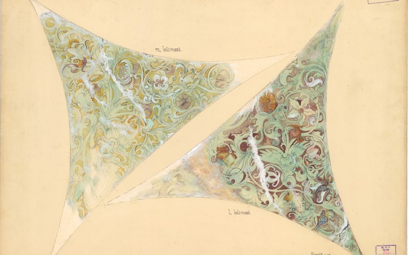 Huszka József: Székelydálya, református templom, a szentélyboltozat l és m boltmezője. Papír, akvarell, 1903. MÉM MDK, Tervtár, ltsz. FM 110