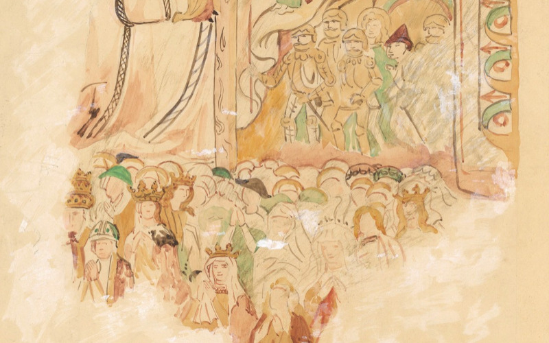 Huszka József: Székelydálya, református templom. Jelenet a szentély északi falán. Papír, akvarell, 1903. MÉM MDK, Tervtár, ltsz. FM 108