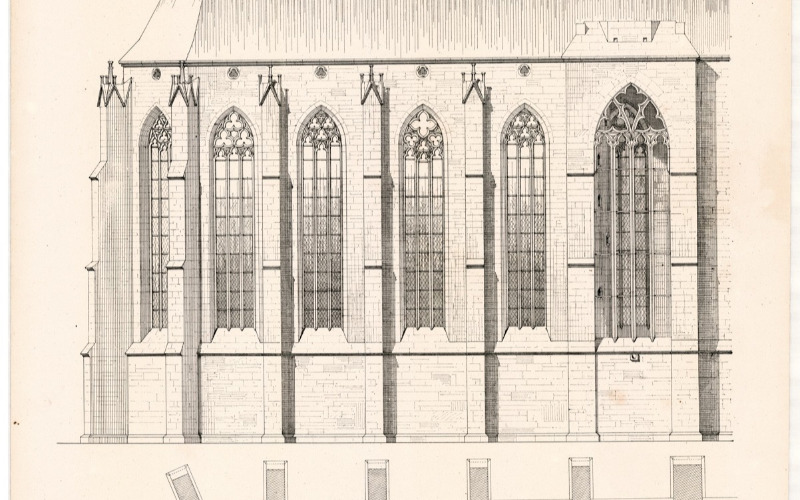 Bécsújhely, kapucinus templom: alaprajz és északi homlokzat (MÉM MDK, Műemlékvédelmi Dokumentációs Központ, Tervtár, ltsz. K 10954)