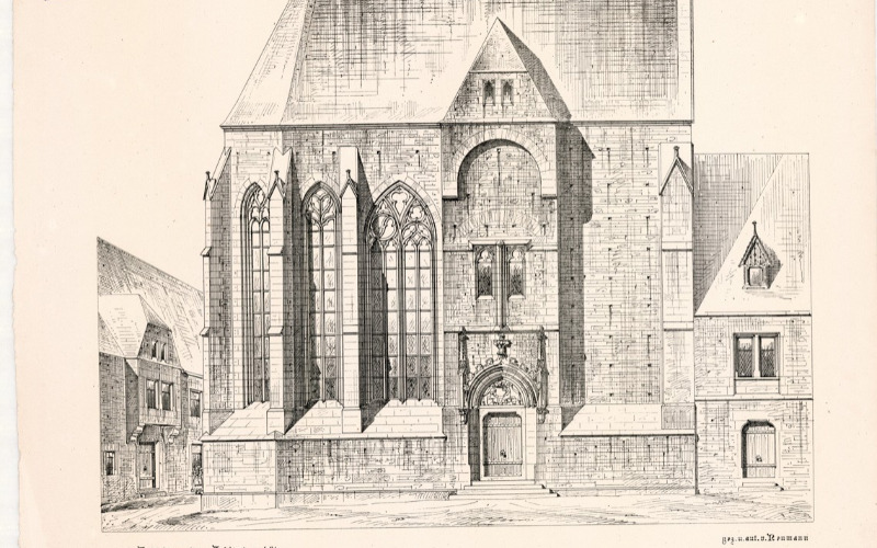 Mödling, kórháztemplom: északi homlokzat (MÉM MDK, Műemlékvédelmi Dokumentációs Központ, Tervtár, ltsz. K 10923)