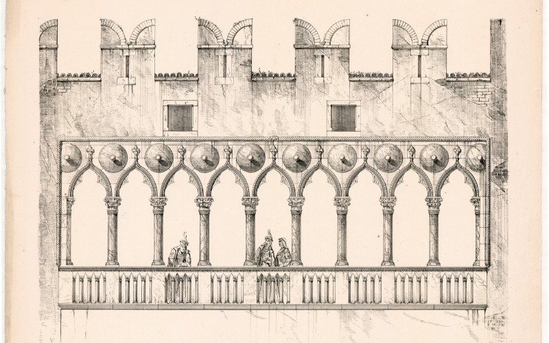 Trient (Trident, Trento), Castel Vecchio: loggia (MÉM MDK, Műemlékvédelmi Dokumentációs Központ, Tervtár, ltsz. K 10914)
