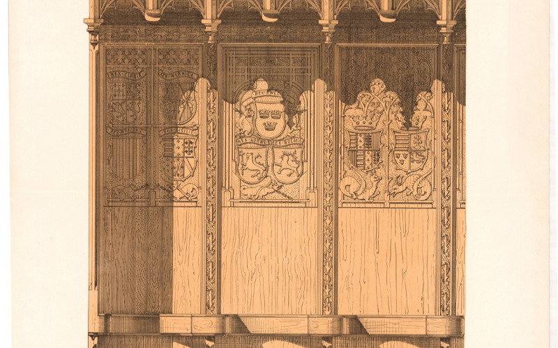 Bártfa, Szent Egyed-templom: stallum (MÉM MDK, Műemlékvédelmi Dokumentációs Központ, Tervtár, ltsz. K 4772)