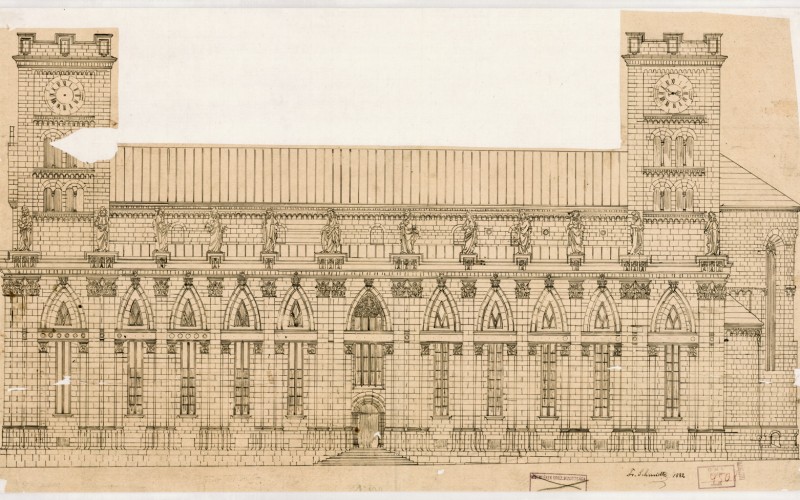 Pécs, székesegyház: déli homlokzat a Schmidt-féle restaurálás előtt; Friedrich von Schmidt rajza, 1882 (MÉM MDK, Műemlékvédelmi Dokumentációs Központ, Tervtár, ltsz. R 4508)