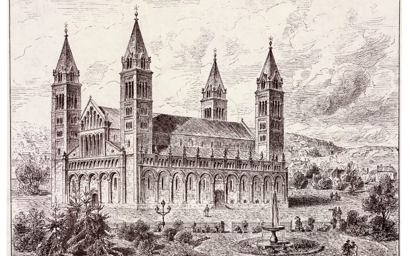 A pécsi székesegyház távlati képe délnyugat felől, a Schmidt-féle restaurálás idején, 1890-ben (MÉM MDK, Műemlékvédelmi Dokumentációs Központ, Tervtár, ltsz. R 4517)