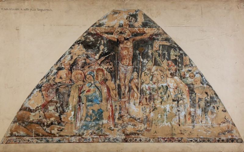 Gróh István: Kolozsvár, Szent Mihály-templom, délnyugati toronyalj, Kálvária. Papír, akvarell, 1904. MÉM MDK, Tervtár, ltsz. FM 290