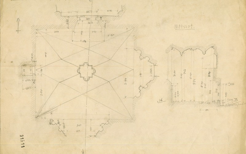 Nagy Károly: Kolozsvár, Szent Mihály-templom, délnyugati toronyalj, alaprajz, metszet. Rajzpapír, ceruza, 1895. MÉM MDK, Tervtár, ltsz. K 31511