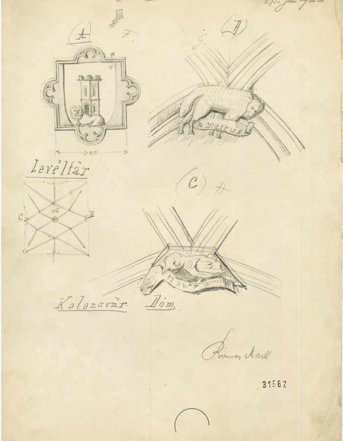 Riemer Márk: Kolozsvár, Szent Mihály-templom, délnyugati toronyalj, boltozati zárókő és gyámkövek. Rajzpapír, ceruza, 1895. MÉM MDK, Tervtár, ltsz. K 31562