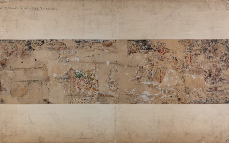 Gróh István: Kolozsvár, Szent Mihály-templom, délnyugati toronyalj, Passió-jelenetek. Papír, akvarell, 1904. MÉM MDK, Tervtár, ltsz. FM 289