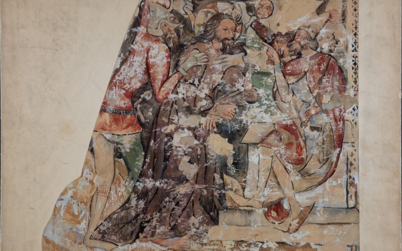 Gróh István: Kolozsvár, Szent Mihály-templom, délnyugati toronyalj, Krisztus egyik ítélete. Papír, akvarell, 1904. MÉM MDK, Tervtár, ltsz. FM 292