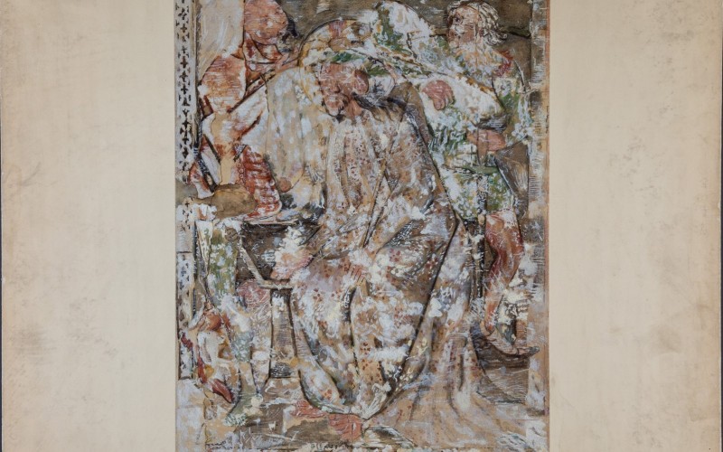 Gróh István: Kolozsvár, Szent Mihály-templom, délnyugati toronyalj, Tövissel koronázás. Papír, akvarell, 1904. MÉM MDK, Tervtár, ltsz. FM 293