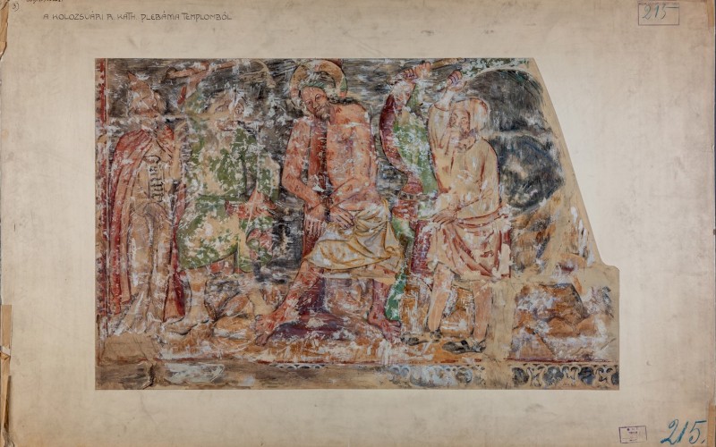 Gróh István: Kolozsvár, Szent Mihály-templom, délnyugati toronyalj, Krisztus megostorozása. Papír, akvarell, 1904. MÉM MDK, Tervtár, ltsz. FM 291