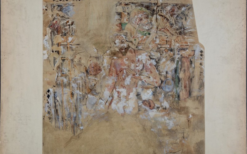 Gróh István: Kolozsvár, Szent Mihály-templom, délnyugati toronyalj, Vir dolorum arma Christivel. Papír, akvarell, 1904. MÉM MDK, Tervtár, ltsz. FM 294