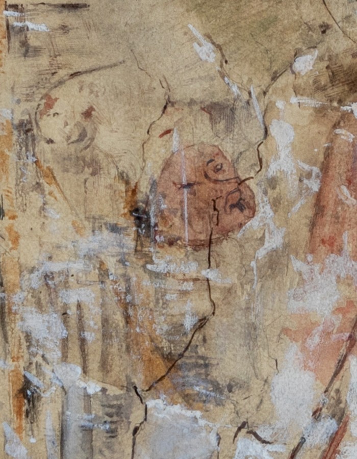 Gróh István: Kolozsvár, Szent Mihály-templom, délnyugati toronyalj, Vir dolorum arma Christivel (részlet). Papír, akvarell, 1904. MÉM MDK, Tervtár, ltsz. FM 294