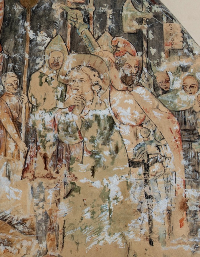 Gróh István: Kolozsvár, Szent Mihály-templom, délnyugati toronyalj, Kálvária (részlet). Papír, akvarell, 1904. MÉM MDK, Tervtár, ltsz. FM 290