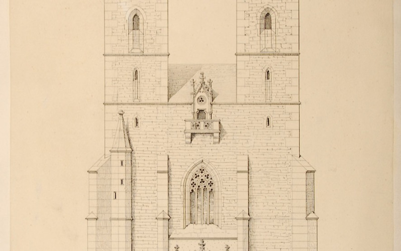 id. Storno Ferenc: Garamszentbenedek, bencés apátsági templom, nyugati homlokzat, 1881 (MÉM MDK, Műemlékvédelmi Dokumentációs Központ, Tervtár, ltsz. K 8705)
