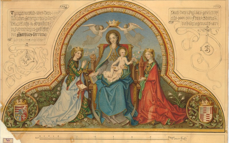 id. Storno Ferenc: Brassó, Fekete templom, déli kapu belső timpanonja, Madonna Alexandriai Szent Katalinnal és Szent Borbálával, 1873 (MÉM MDK, Műemlékvédelmi Dokumentációs Központ, Tervtár, ltsz. FM 67)