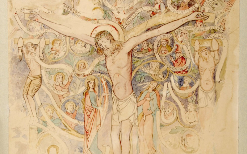 id. Storno Ferenc: Sopron, Szent Mihály-templom, Keresztrefeszítés Jessze fája ábrázolással, 1877 (MÉM MDK, Műemlékvédelmi Dokumentációs Központ, Tervtár, ltsz. R 5495)