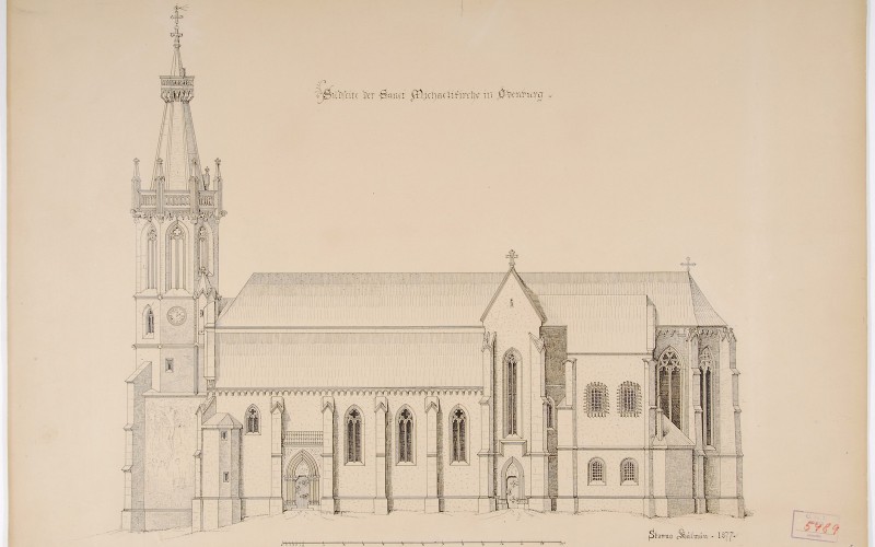 id. Storno Ferenc: Sopron, Szent Mihály-templom, déli homlokzat a Keresztrefeszítéssel, 1877 (MÉM MDK, Műemlékvédelmi Dokumentációs Központ, Tervtár, ltsz. R 5489)