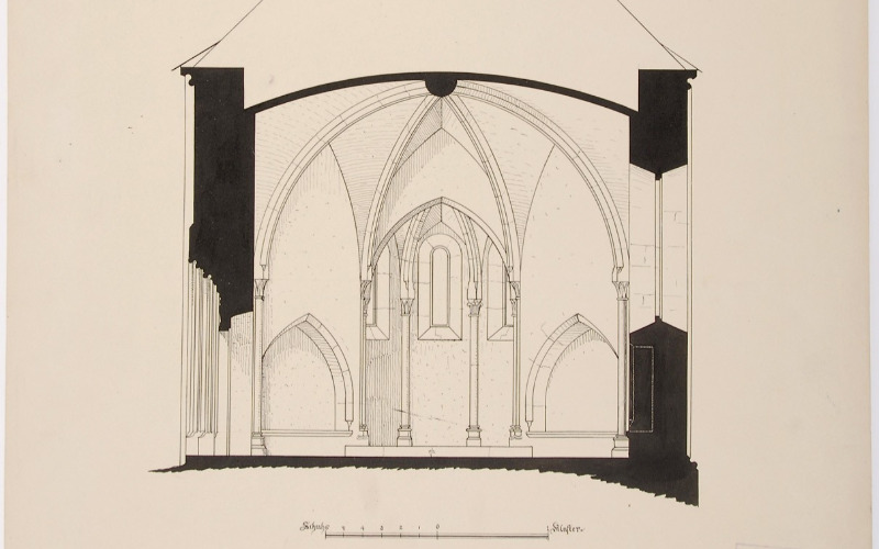 id. Storno Ferenc: Sopron, Szent Jakab-kápolna, keresztmetszet kelet felé, 1877 (MÉM MDK, Műemlékvédelmi Dokumentációs Központ, Tervtár, ltsz. R 5861)