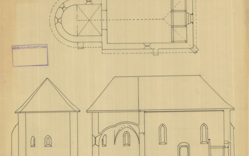 Sztehlo Ottó: Marosfelfalu, régi református templom, alaprajz, a szentély nézete kelet felől, hosszmetszet. Pausz, tus, 1917. MÉM MDK, Tervtár, ltsz. K 3323
