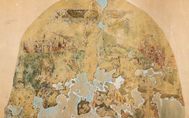 Jámbor Lajos–Nagy Endre: Kálvária az északi szentélyfal ívmezőjében. Papír, akvarell, 1908. MÉM MDK, Tervtár, ltsz. FM 475