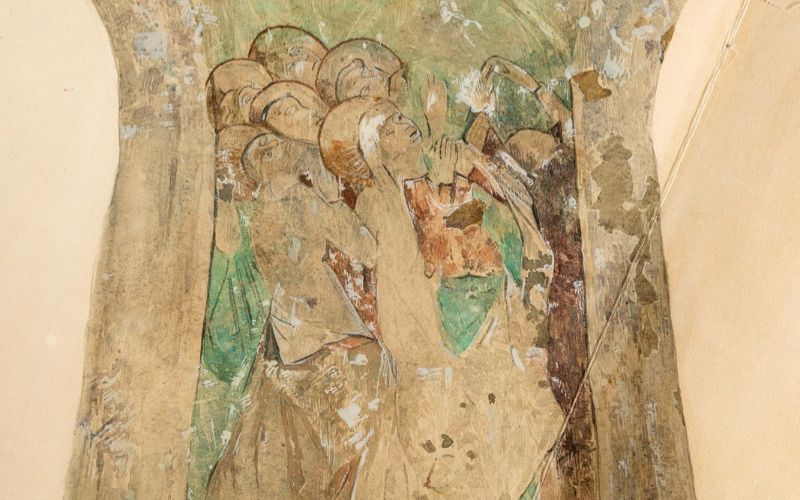 Jámbor Lajos–Nagy Endre: Mennybemenetel az apszisboltozaton. Papír, akvarell, 1908. MÉM MDK, Tervtár, ltsz. FM 471