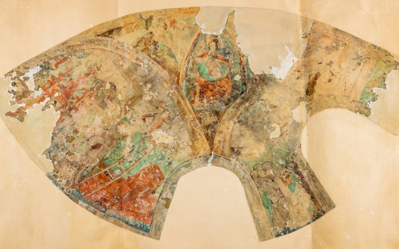 Jámbor Lajos–Nagy Endre: Az apszisboltozat falképei (Levétel a keresztről, Utolsó Ítélet, Mennybemenetel). Papír, akvarell, 1908. MÉM MDK, Tervtár, ltsz. FM 471