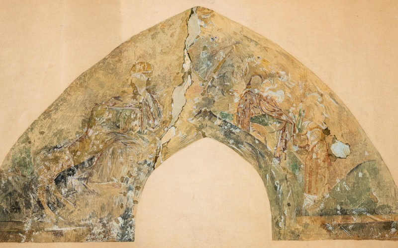 Jámbor Lajos–Nagy Endre: Szűz egyszarvúval és Királyok imádása (?) a déli szentélyfal ívmezőjében. Papír, akvarell, 1908. MÉM MDK, Tervtár, ltsz. FM 473