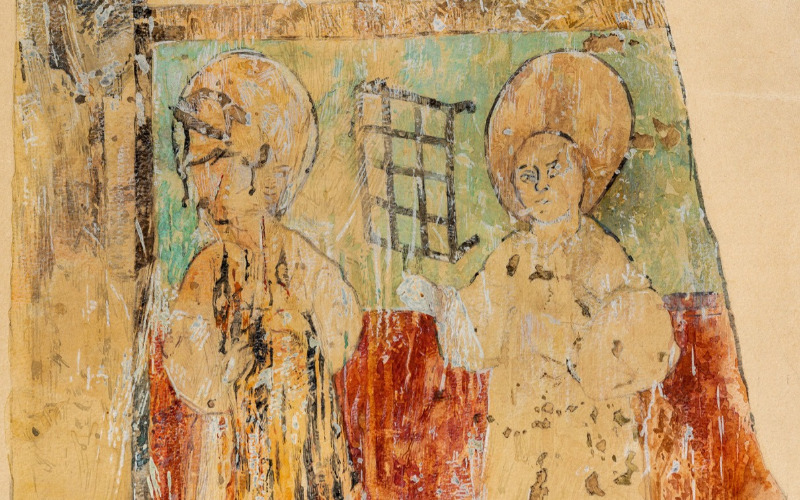 Jámbor Lajos–Nagy Endre: Diakónus-szent és Szent Lőrinc a szentély déli falán. Papír, akvarell, 1908. MÉM MDK, Tervtár, ltsz. FM 351