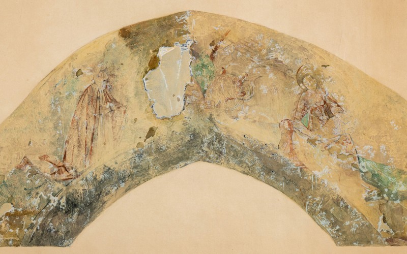 Jámbor Lajos–Nagy Endre: A felső regiszter kompozíciója a diadalív keleti oldalán. Papír, akvarell, 1908. MÉM MDK, Tervtár, ltsz. FM 472