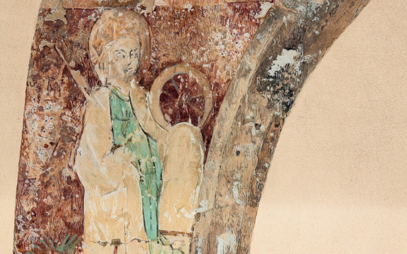 Jámbor Lajos–Nagy Endre: Szent Katalin a diadalív keleti falán. Papír, akvarell, 1908. MÉM MDK, Tervtár, ltsz. FM 353