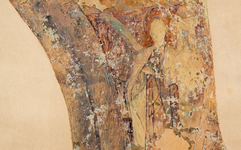 Jámbor Lajos–Nagy Endre: Szent Borbála a diadalív keleti falán. Papír, akvarell, 1908. MÉM MDK, Tervtár, ltsz. FM 354