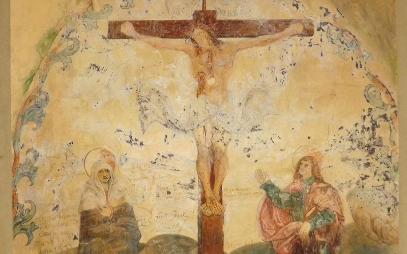 Vörösklastrom, karthauzi kolostor, Keresztrefeszítés. Tary Lajos akvarellmásolata (MÉM MDK, Műemlékvédelmi Dokumentációs Központ, Tervtár, ltsz. FM 615)