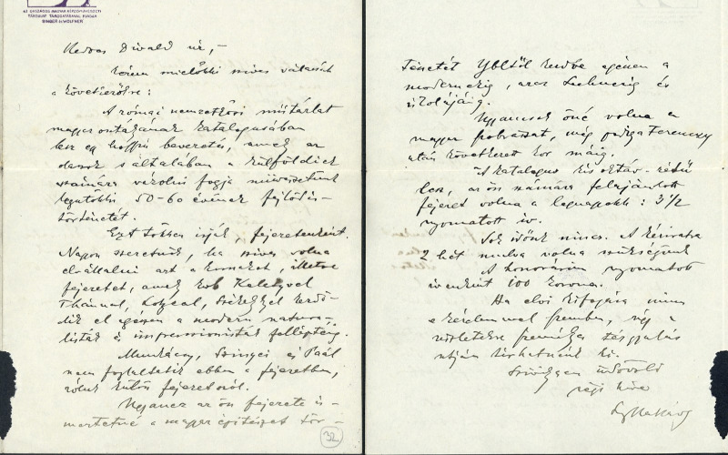 Lyka Károly 1911.február 2.-i keltezésű levele Divald Kornél számára, amelyben felkéri, hogy vegyen részt a római nemzetközi tárlat magyar katalógusának megírásában. MDK Tudományos Irattár Lymbus, ltsz. K 1626/2