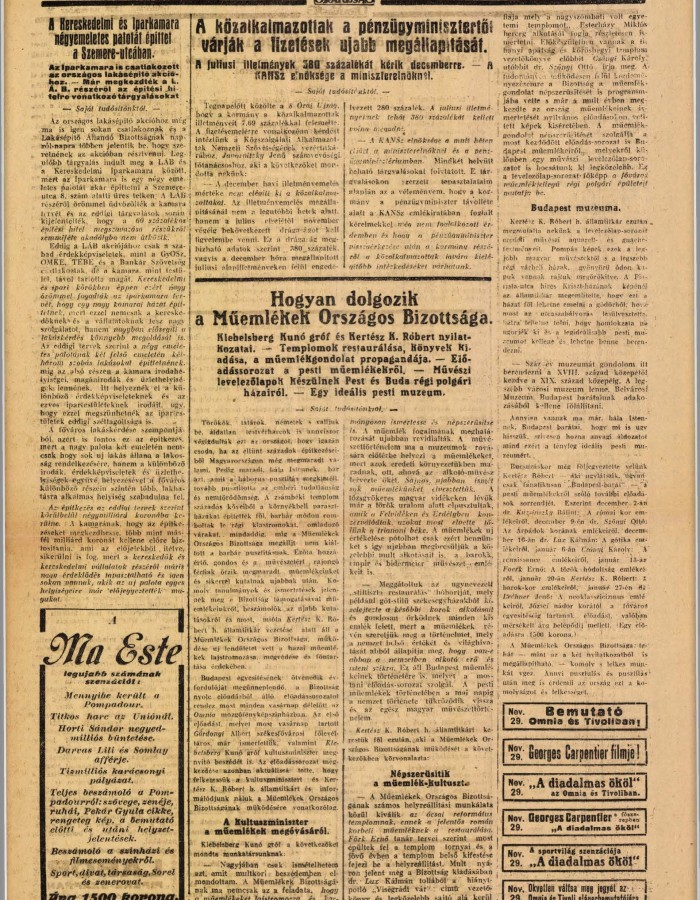 8 órai újság, cikk a MOB előadásairól, 1923. november 29. 