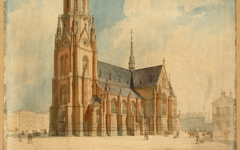 Budapest, Rózsák tere, Árpád házi Szent Erzsébet plébániatemplom terve, 1866 (nem ez a terv valósult meg). MÉM MDK, Tervtár ltsz. R 14769.