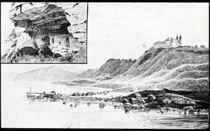 Tihany, remetelakások és az apátság, Dörre Tivadar rajzának másolata, Uránia Szemléltető Taneszközök Gyára, 1920-as évek, Fotótár ltsz. 000.962DP
