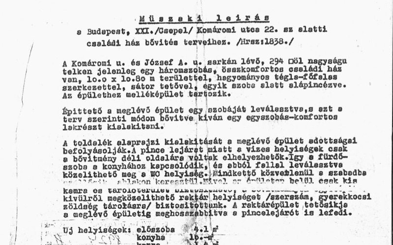 7.	kép: Műszaki leírás egyszobás-komfortos lakrész kialakításához, 1971. október 5.